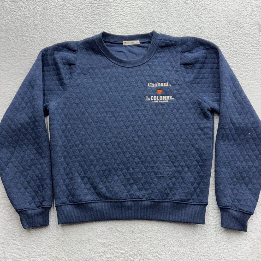 Marine Layer Chobani La Colombe Quilted Puff Sleeve Sweatshirt Navy Blue Small